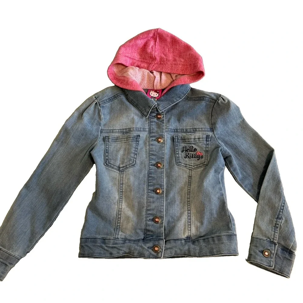 Hello Kitty Pink Embroidered Jean Denim Hooded Jacket Girl's Sz 6 Zip & Button